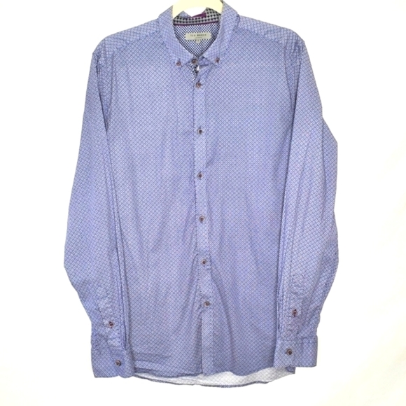 Ted Baker London Navy Geometric Print Shirt Size L (4) Long Sleeve Button Down - Picture 1 of 9